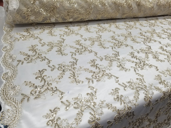 1 Yard Champagne Metallic Flowers Sequins Mesh Lace Fabric for Tablecloths and Costumes 54 Inch Width