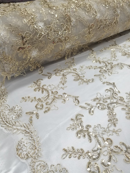 1 Yard Champagne Metallic Flowers Sequins Mesh Lace Fabric for Tablecloths and Costumes 54 Inch Width