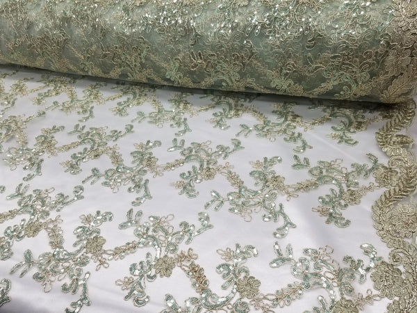 1 Yard Mint Metallic Flowers Sequins Mesh Lace Fabric for Tablecloths and Costumes 54 Inch Width