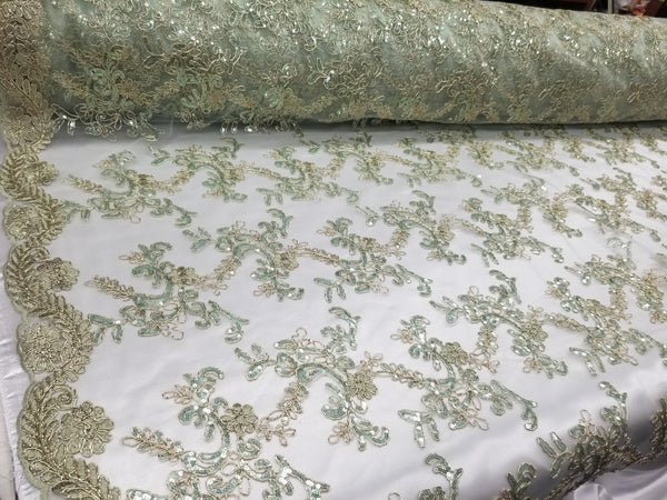1 Yard Mint Metallic Flowers Sequins Mesh Lace Fabric for Tablecloths and Costumes 54 Inch Width