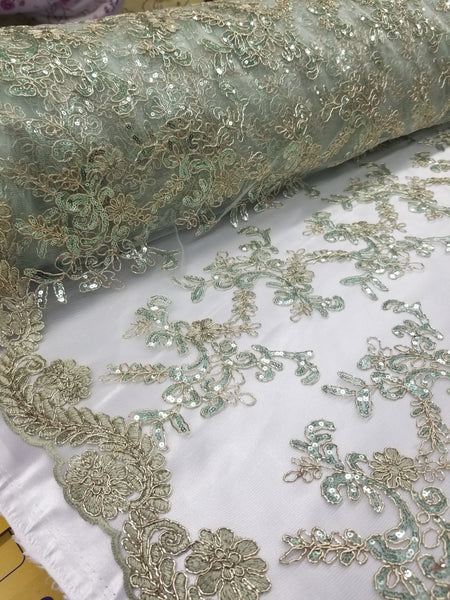 1 Yard Mint Metallic Flowers Sequins Mesh Lace Fabric for Tablecloths and Costumes 54 Inch Width