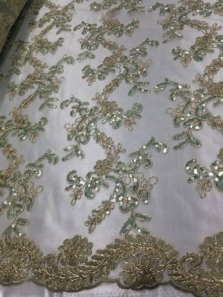 1 Yard Mint Metallic Flowers Sequins Mesh Lace Fabric for Tablecloths and Costumes 54 Inch Width