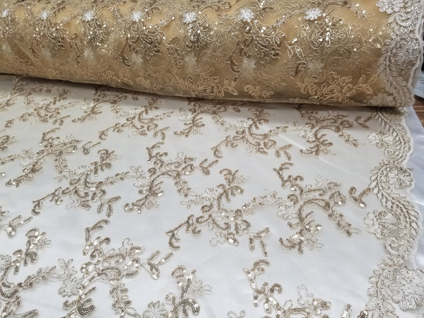 1 Yard Gold Metallic Flowers Sequins Mesh Lace Fabric for Tablecloths and Costumes 54 Inch Width