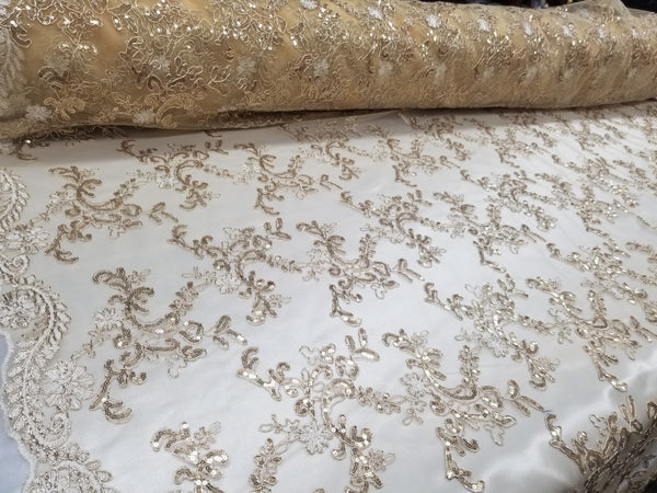 1 Yard Gold Metallic Flowers Sequins Mesh Lace Fabric for Tablecloths and Costumes 54 Inch Width