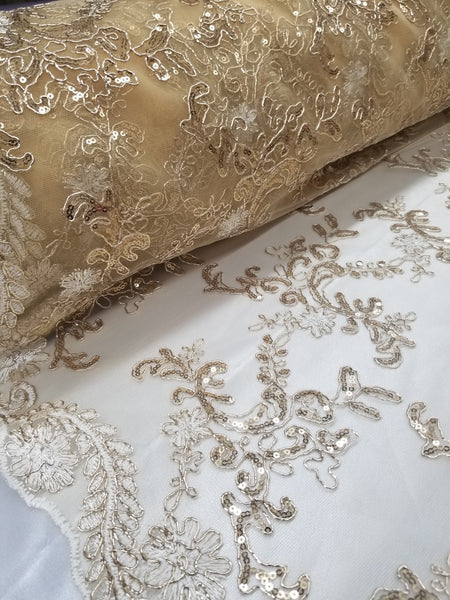 1 Yard Gold Metallic Flowers Sequins Mesh Lace Fabric for Tablecloths and Costumes 54 Inch Width
