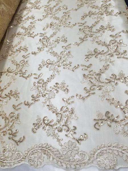 1 Yard Gold Metallic Flowers Sequins Mesh Lace Fabric for Tablecloths and Costumes 54 Inch Width