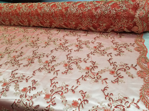 1 Yard Red Metallic Flowers Sequins Mesh Lace Fabric for Tablecloths and Costumes 54 Inch Width