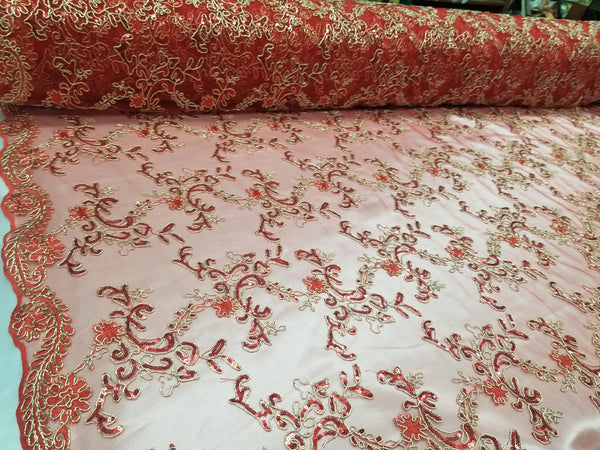 1 Yard Red Metallic Flowers Sequins Mesh Lace Fabric for Tablecloths and Costumes 54 Inch Width