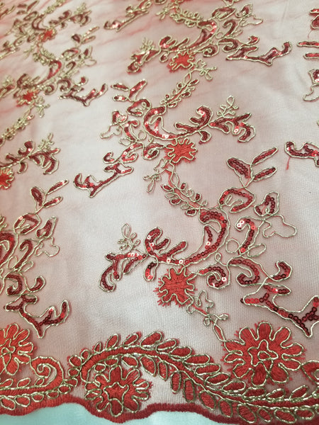 1 Yard Red Metallic Flowers Sequins Mesh Lace Fabric for Tablecloths and Costumes 54 Inch Width