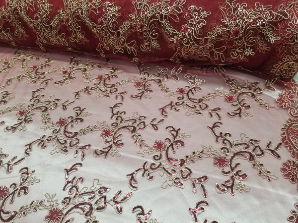 1 Yard Elegant Burgundy Floral Embroidery Lace Mesh Fabric for Wedding Dresses 50 Inch Width