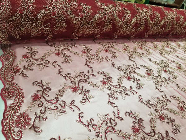 1 Yard Elegant Burgundy Floral Embroidery Lace Mesh Fabric for Wedding Dresses 50 Inch Width