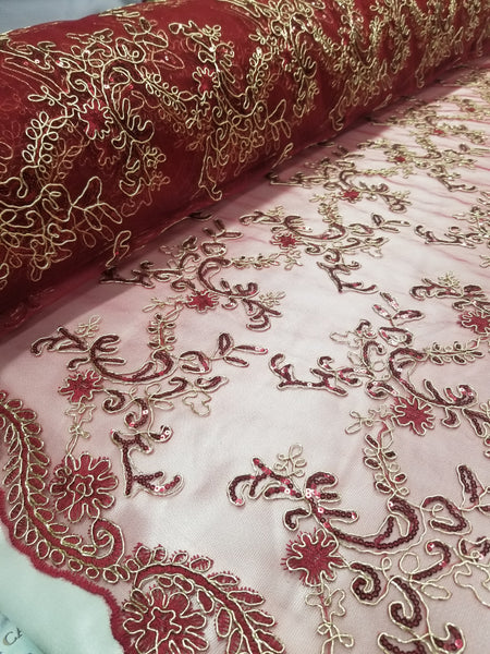 1 Yard Elegant Burgundy Floral Embroidery Lace Mesh Fabric for Wedding Dresses 50 Inch Width