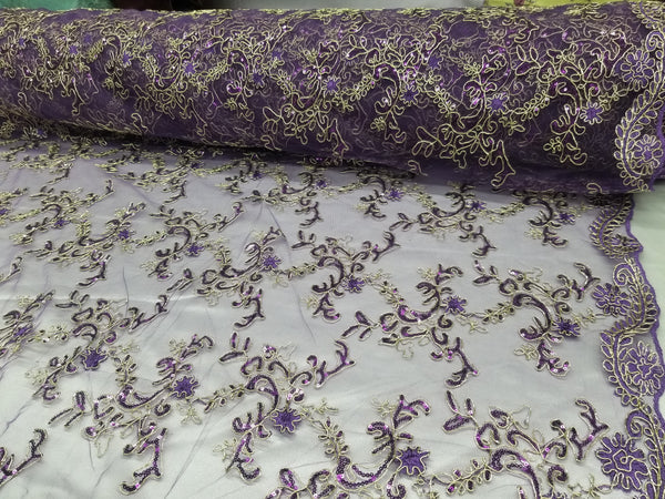 1 Yard Purple Metallic Flowers Sequins Mesh Lace Fabric for Tablecloths and Costumes 54 Inch Width