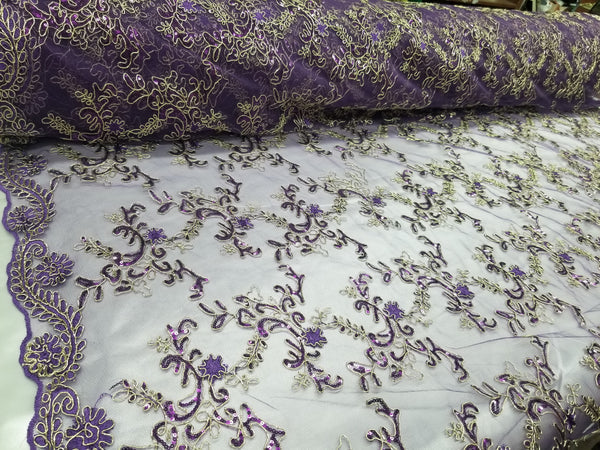 1 Yard Purple Metallic Flowers Sequins Mesh Lace Fabric for Tablecloths and Costumes 54 Inch Width