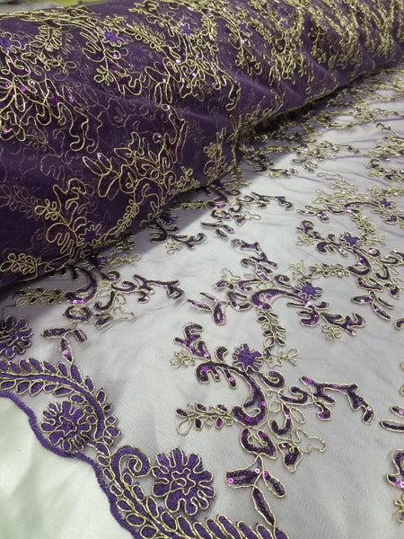 1 Yard Purple Metallic Flowers Sequins Mesh Lace Fabric for Tablecloths and Costumes 54 Inch Width