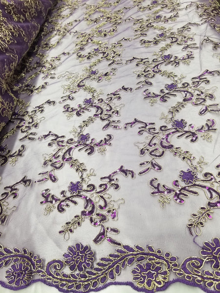 1 Yard Purple Metallic Flowers Sequins Mesh Lace Fabric for Tablecloths and Costumes 54 Inch Width