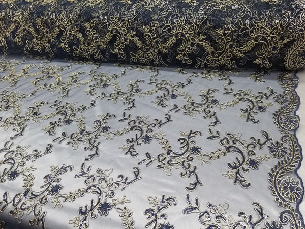 1 Yard Navy Metallic Flowers Sequins Mesh Lace Fabric for Tablecloths and Costumes 54 Inch Width