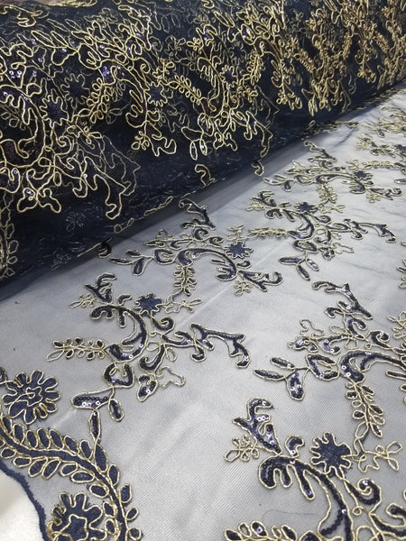 1 Yard Navy Metallic Flowers Sequins Mesh Lace Fabric for Tablecloths and Costumes 54 Inch Width