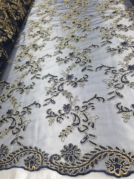 1 Yard Navy Metallic Flowers Sequins Mesh Lace Fabric for Tablecloths and Costumes 54 Inch Width