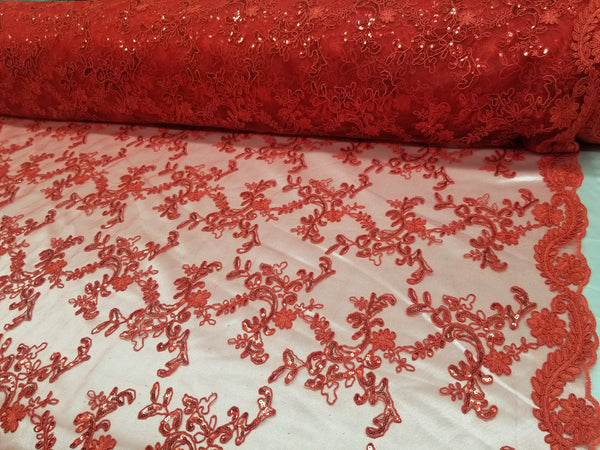 1 Yard Red Metallic Flowers Sequins Mesh Lace Fabric for Tablecloths and Costumes 54 Inch Width