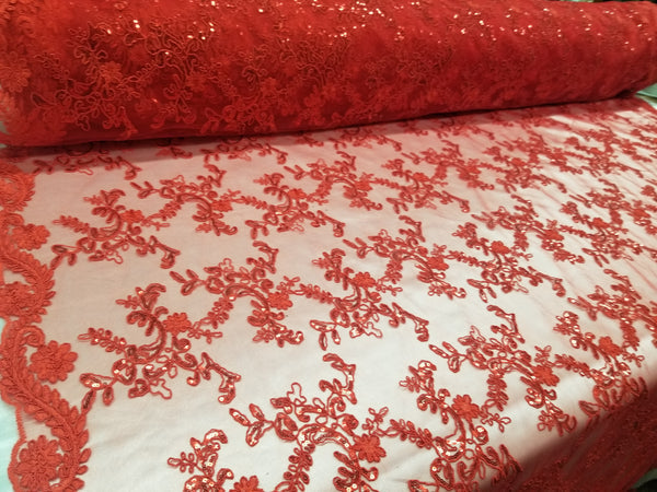 1 Yard Red Metallic Flowers Sequins Mesh Lace Fabric for Tablecloths and Costumes 54 Inch Width