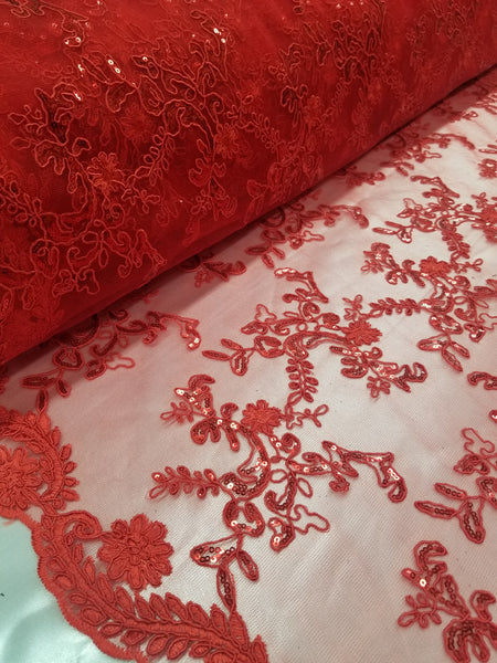 1 Yard Red Metallic Flowers Sequins Mesh Lace Fabric for Tablecloths and Costumes 54 Inch Width