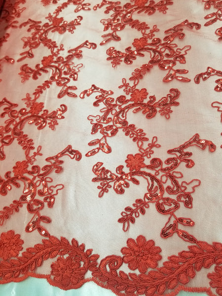 1 Yard Red Metallic Flowers Sequins Mesh Lace Fabric for Tablecloths and Costumes 54 Inch Width