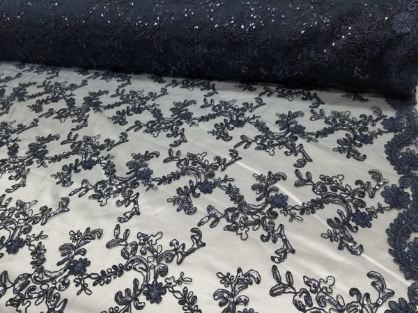 1 Yard Navy Metallic Flowers Sequins Mesh Lace Fabric for Tablecloths and Costumes 54 Inch Width