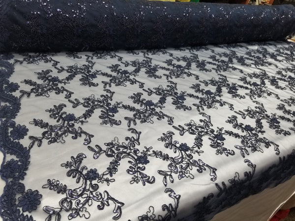 1 Yard Navy Metallic Flowers Sequins Mesh Lace Fabric for Tablecloths and Costumes 54 Inch Width