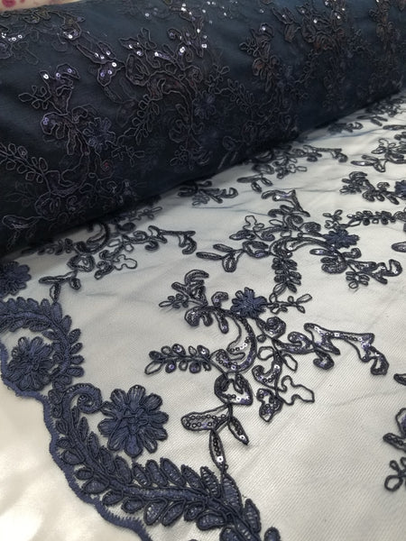 1 Yard Navy Metallic Flowers Sequins Mesh Lace Fabric for Tablecloths and Costumes 54 Inch Width