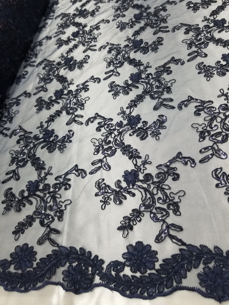 1 Yard Navy Metallic Flowers Sequins Mesh Lace Fabric for Tablecloths and Costumes 54 Inch Width