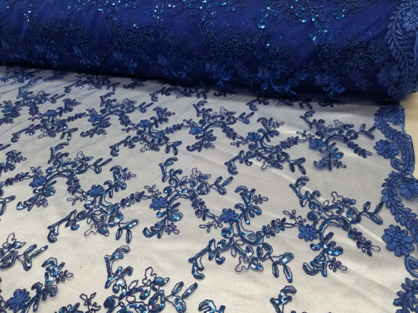 1 Yard Royal Blue Metallic Flowers Sequins Mesh Lace Fabric for Tablecloths and Costumes 54 Inch Width