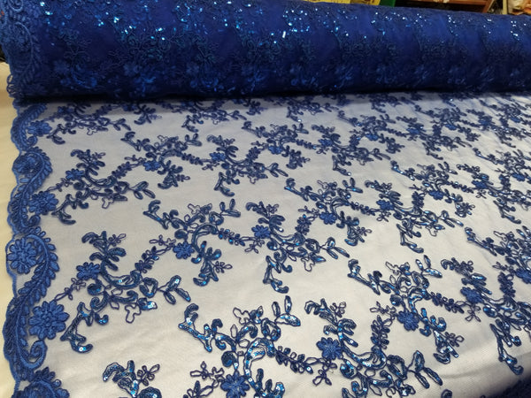 1 Yard Royal Blue Metallic Flowers Sequins Mesh Lace Fabric for Tablecloths and Costumes 54 Inch Width