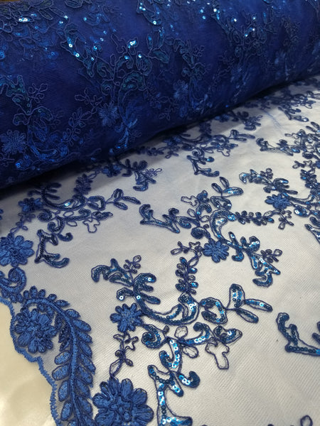 1 Yard Royal Blue Metallic Flowers Sequins Mesh Lace Fabric for Tablecloths and Costumes 54 Inch Width