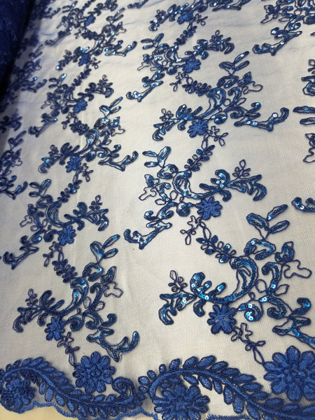 1 Yard Royal Blue Metallic Flowers Sequins Mesh Lace Fabric for Tablecloths and Costumes 54 Inch Width