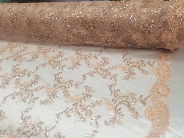 1 Yard Coral Metallic Flowers Sequins Mesh Lace Fabric for Tablecloths and Costumes 54 Inch Width