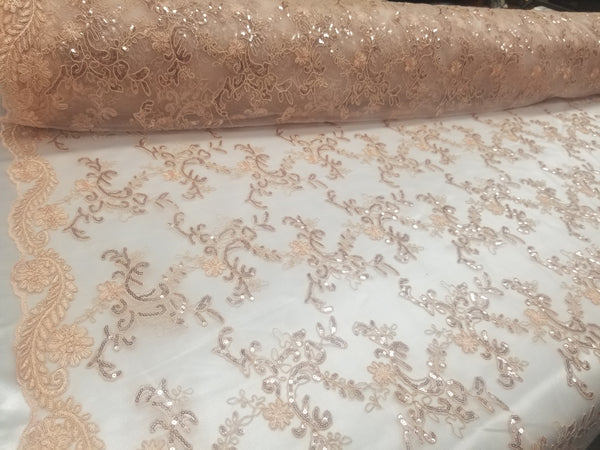 1 Yard Coral Metallic Flowers Sequins Mesh Lace Fabric for Tablecloths and Costumes 54 Inch Width