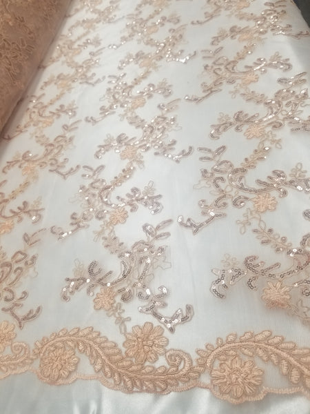 1 Yard Coral Metallic Flowers Sequins Mesh Lace Fabric for Tablecloths and Costumes 54 Inch Width