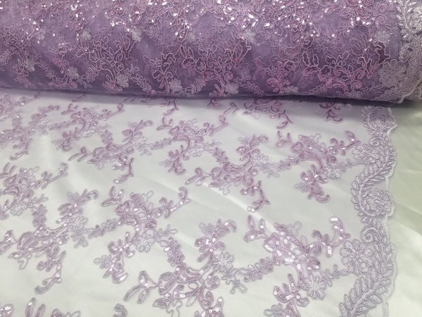 1 Yard Lavender Metallic Flowers Sequins Mesh Lace Fabric for Tablecloths and Costumes 54 Inch Width