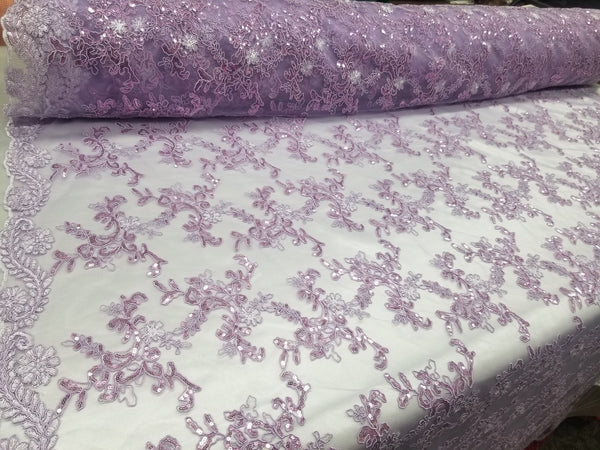 1 Yard Lavender Metallic Flowers Sequins Mesh Lace Fabric for Tablecloths and Costumes 54 Inch Width