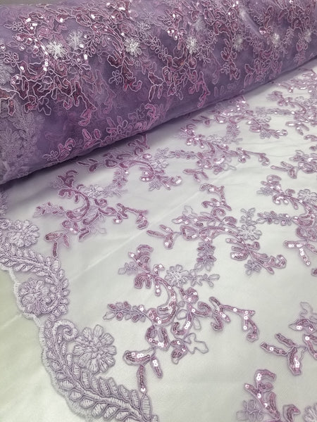 1 Yard Lavender Metallic Flowers Sequins Mesh Lace Fabric for Tablecloths and Costumes 54 Inch Width