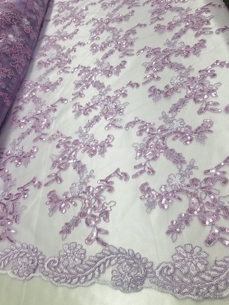 1 Yard Lavender Metallic Flowers Sequins Mesh Lace Fabric for Tablecloths and Costumes 54 Inch Width