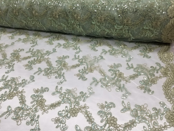 1 Yard Mint Metallic Flowers Sequins Mesh Lace Fabric for Tablecloths and Costumes 54 Inch Width