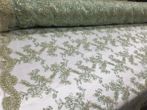 1 Yard Mint Metallic Flowers Sequins Mesh Lace Fabric for Tablecloths and Costumes 54 Inch Width