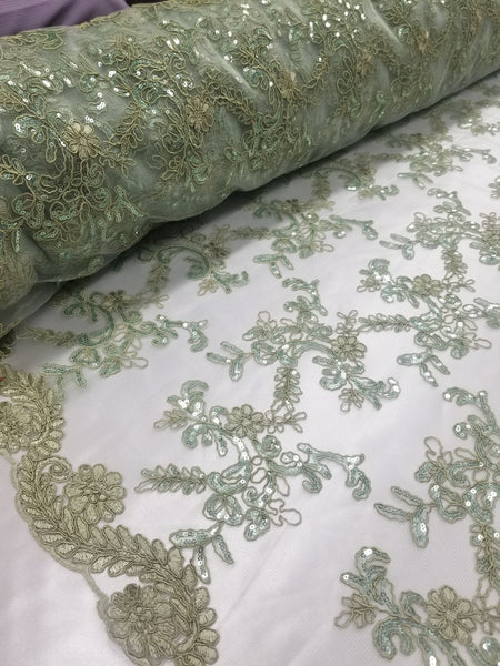 1 Yard Mint Metallic Flowers Sequins Mesh Lace Fabric for Tablecloths and Costumes 54 Inch Width