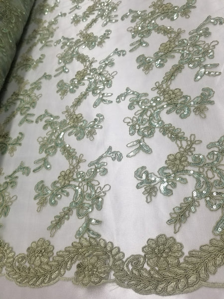 1 Yard Mint Metallic Flowers Sequins Mesh Lace Fabric for Tablecloths and Costumes 54 Inch Width