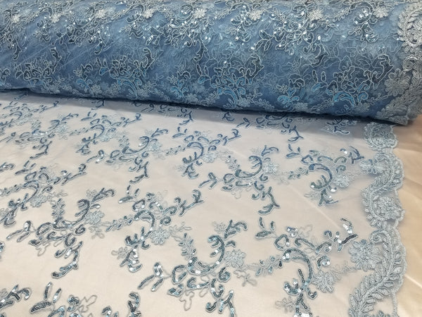 1 Yard Sky Blue Metallic Flowers Sequins Mesh Lace Fabric for Tablecloths and Costumes 54 Inch Width