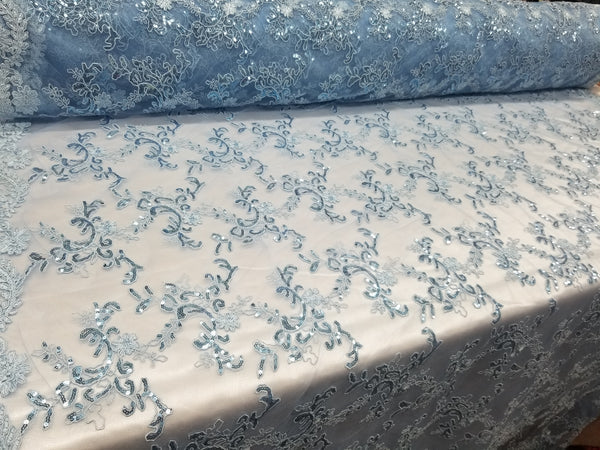 1 Yard Sky Blue Metallic Flowers Sequins Mesh Lace Fabric for Tablecloths and Costumes 54 Inch Width