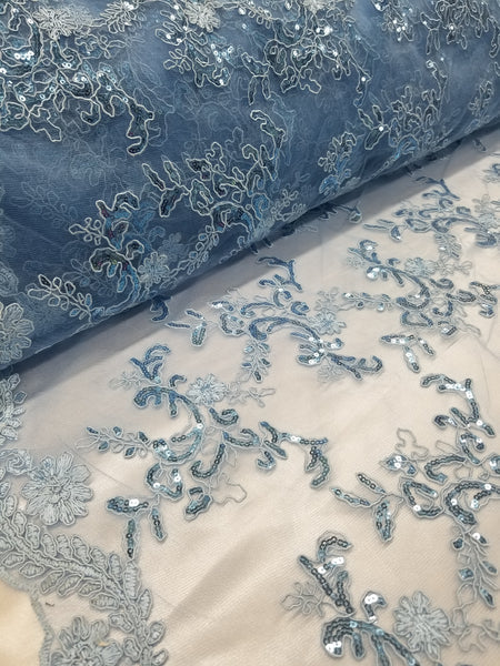 1 Yard Sky Blue Metallic Flowers Sequins Mesh Lace Fabric for Tablecloths and Costumes 54 Inch Width