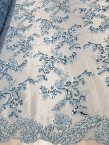 1 Yard Sky Blue Metallic Flowers Sequins Mesh Lace Fabric for Tablecloths and Costumes 54 Inch Width